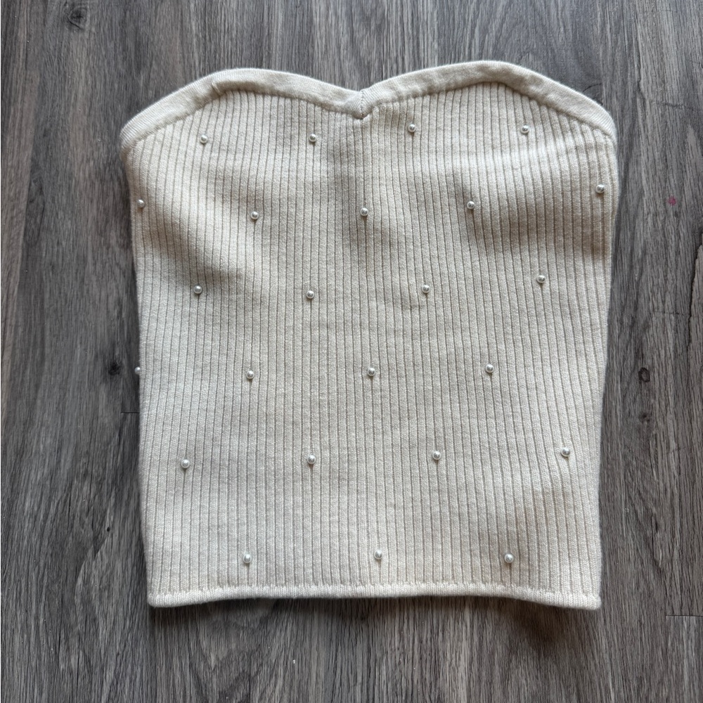 NWT Aerie Cream Ribbed Knit Strapless Top with Pearls | Size Small